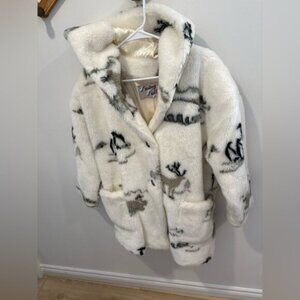 VINTAGE -1980s- STERLING STALL- FAUX FUR WINTER SCENE COAT - Small - size 6